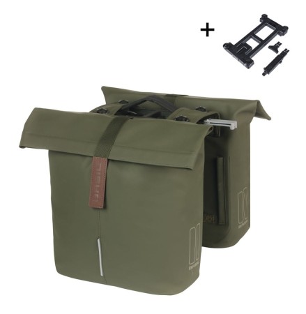Sakwa miejska podwójna BASIL CITY DOUBLE PANNIER BAG MIK 28-32L, MIK System (ready to go), moss green - rove.pl