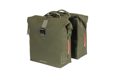 Sakwa podwówjna BASIL SOHO DOUBLE PANNIER BAG NORDLICHT Universal Bridge System 41L, 100% wodoodporna moss green oświetlenie Nordlicht Technology (NEW) - rove.pl