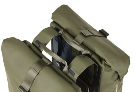 Sakwa podwówjna BASIL SOHO DOUBLE PANNIER BAG NORDLICHT Universal Bridge System 41L, 100% wodoodporna moss green oświetlenie Nordlicht Technology (NEW) - rove.pl