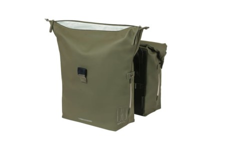 Sakwa podwówjna BASIL SOHO DOUBLE PANNIER BAG NORDLICHT Universal Bridge System 41L, 100% wodoodporna moss green oświetlenie Nordlicht Technology (NEW)