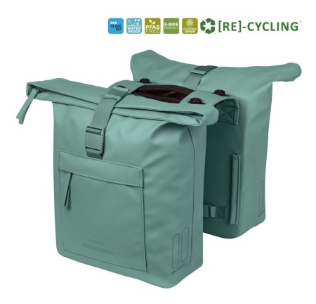 Sakwa podwójna BASIL BROOKLYN DOUBLE PANNIER BAG 41L, MIK System (ready to go), wodoodporna, silvergreen (NEW 2026) - rove.pl