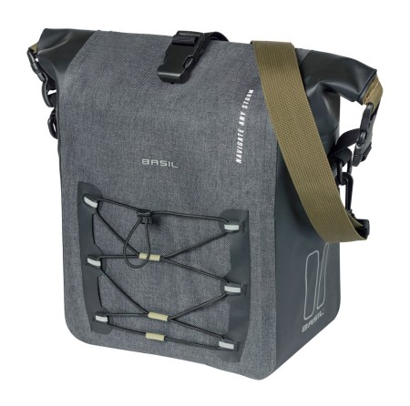 Sakwa pojedyncza BASIL NAVIGATOR STORM SINGLE PANNIER BAG M 12-15 L, MIK Hooks System, wodoodporna, grey black (NEW 2026) - rove.pl