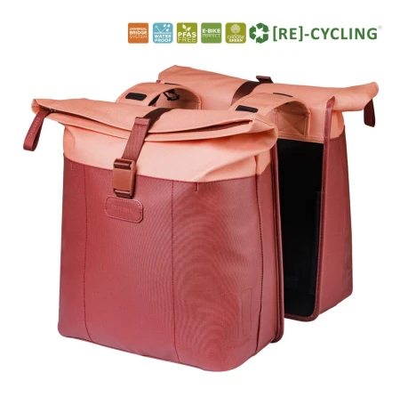 Sakwa podwójna BASIL VIVE DOUBLE PANNIER BAG 28-35L, Universal Bridge System, burgundy/pink (NEW 2026)