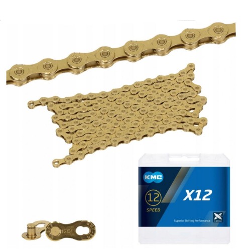 Przejdź do produktu KMC Łańcuch X12 126 ogniw Ti-N Złoty BOX WOSK