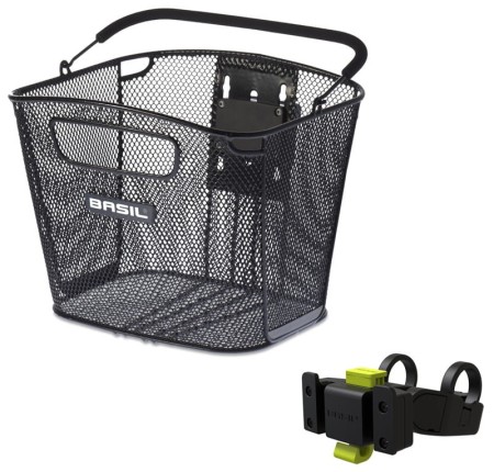 Kosz na kierownicę BASIL BOLD FRONT KF stalowy czarny + Płytka mocująca do kosza BASIL KLICKFIX ADAPTER system do mocowania na kierownicę odpinany + Wspornik mocujący do kierownicy BASIL HANDLEBAR HOLDER FOR KLICKFIX PLATES śr.25-31,8mm