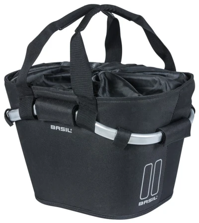 Kosz na kierownicę BASIL CLASSIC CARRY ALL FRONT BASKET KF 15L, czarny + Płytka mocująca do kosza BASIL KLICKFIX ADAPTER system do mocowania na kierownicę odpinany (bez wspornika)