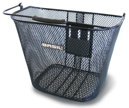 Kosz na przedni bagażnik BASIL BREMEN KF stalowy, czarny + Płytka mocująca do kosza BASIL KLICKFIX ADAPTER system do mocowania na kierownicę odpinany (bez wspornika)