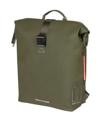 Plecak/Sakwa rowerowa BASIL SOHO BACKPACK NORDLICHT17L, mocowanie na haki Hook-On System, wodoodporny poliester, oświetlenie, moss green (NEW 2024) - rove.pl