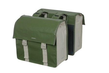 Sakwa miejska podwójna BASIL URBAN LOAD DOUBLE PANNIER BAG 48-53L, Universal Bridge System, 100% wodoodporna, moss green/sand (NEW 2024) - rove.pl