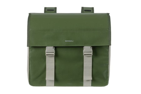 Sakwa miejska podwójna BASIL URBAN LOAD DOUBLE PANNIER BAG 48-53L, Universal Bridge System, 100% wodoodporna, moss green/sand (NEW 2024) - rove.pl