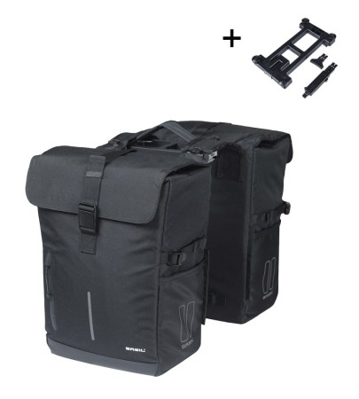 Sakwy BASIL MOVE DOUBLE BICYCLE BAG, MIK z adapterem do mocowania, 30L, Wodoodporna, Black (NEW 2025) - rove.pl