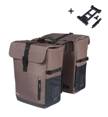 Sakwy BASIL MOVE DOUBLE BICYCLE BAG, MIK z adapterem do mocowania, 30L, Wodoodporna, Brown (NEW 2025) - rove.pl