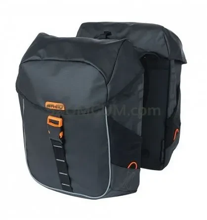Sakwa miejska podwójna BASIL MILES TARPAULIN DOUBLE PANNIER BAG MIK 34L, MIK System (ready to go), 100% wodoodporna black orange.webp