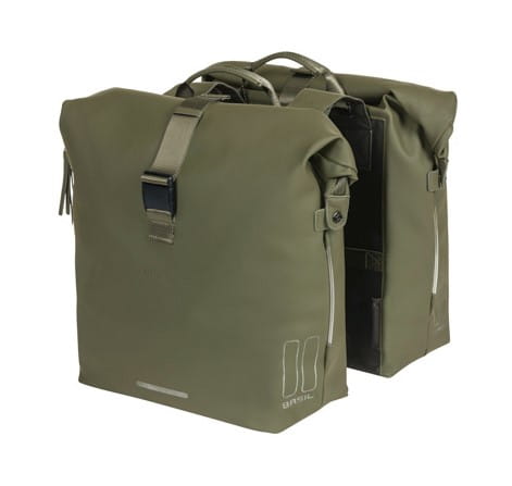 Sakwa podwówjna BASIL SOHO DOUBLE PANNIER BAG NORDLICHT Universal Bridge System 41L, 100% wodoodporna moss green oświetlenie Nordlicht Technology (NEW)