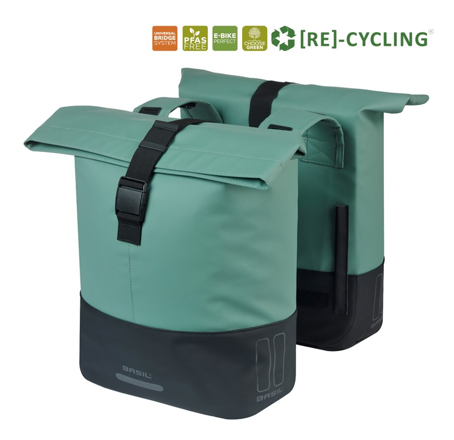 Sakwa podwójna BASIL COVE DOUBLE PANNIER BAG 28-32L, Universal Bridge System, silvergreen/black (NEW 2026)