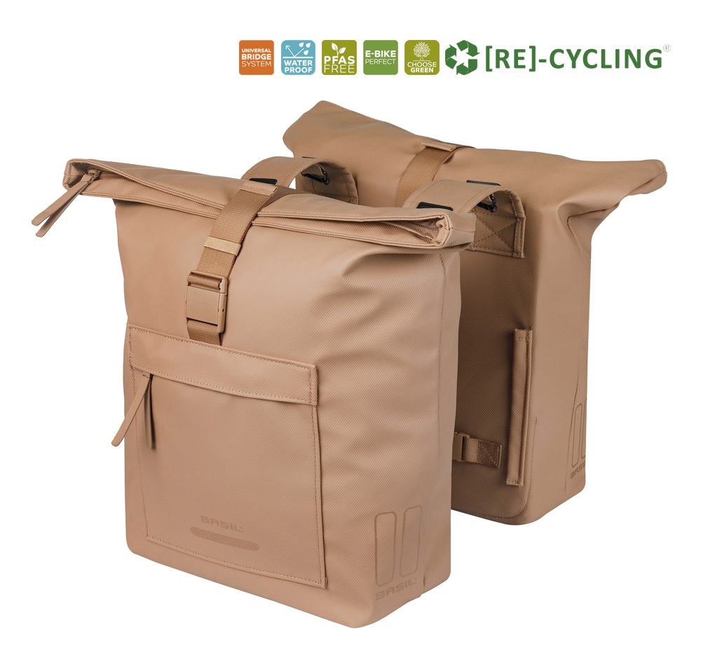 Sakwa podwójna BASIL BROOKLYN DOUBLE PANNIER BAG 41L, Universal Bridge System, wodoodporna, sand (NEW 2026)