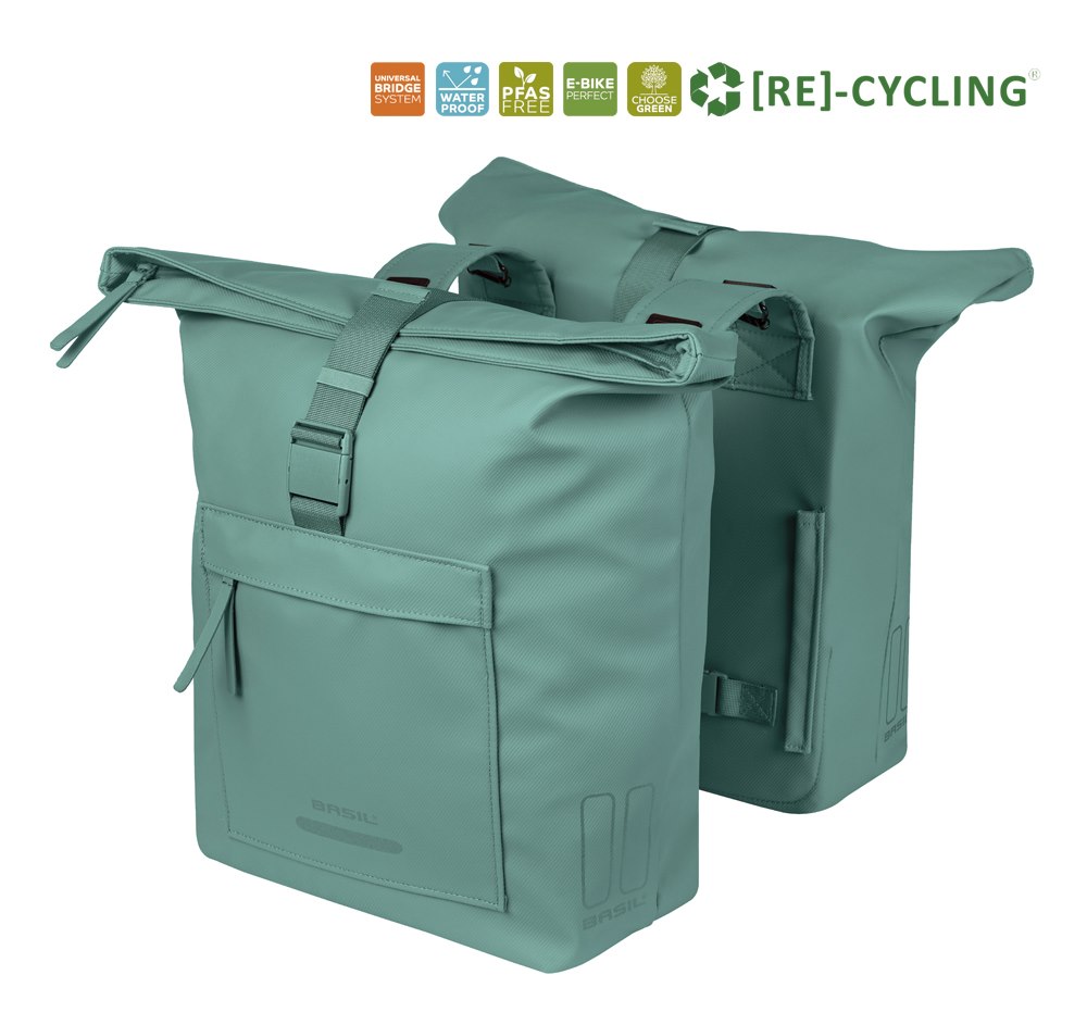 Sakwa podwójna BASIL BROOKLYN DOUBLE PANNIER BAG 41L, Universal Bridge System, wodoodporna, silvergreen (NEW 2026)