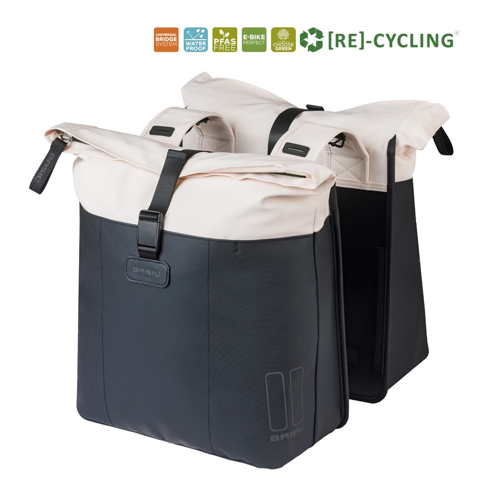 Sakwa podwójna BASIL VIVE DOUBLE PANNIER BAG 28-35L, Universal Bridge System, off-white/black (NEW 2026)