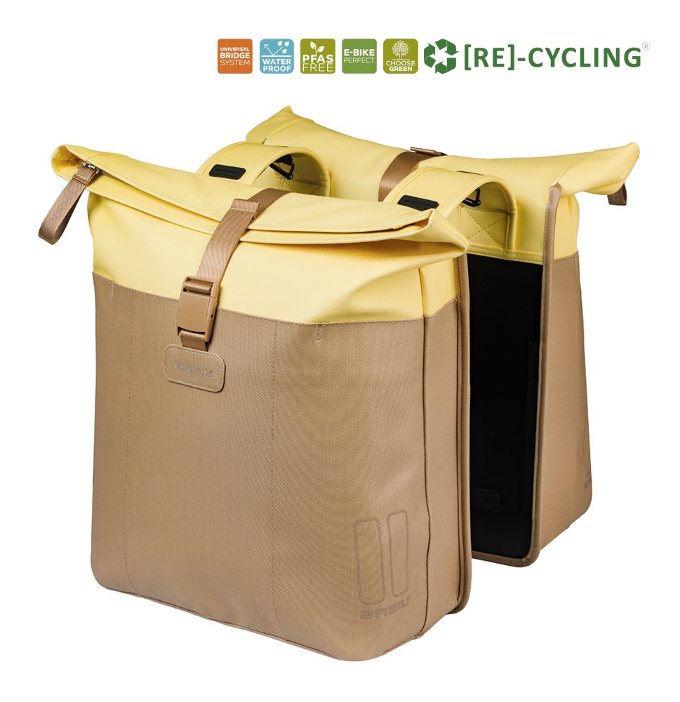 Sakwa podwójna BASIL VIVE DOUBLE PANNIER BAG 28-35L, Universal Bridge System, sand/yellow (NEW 2026)