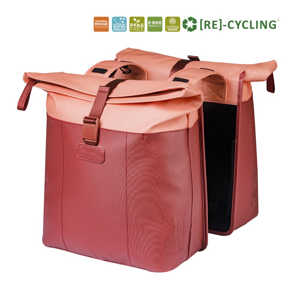 Sakwa podwójna BASIL VIVE DOUBLE PANNIER BAG 28-35L, Universal Bridge System, burgundy/pink (NEW 2026)